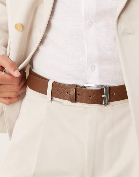 ASOS DESIGN emboss weave smart belt in brown faux leather - view 1