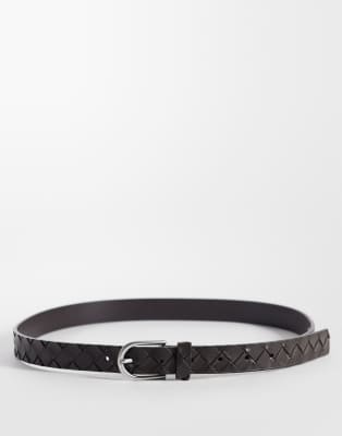 Asos Design Embossed Basket Weave Belt In Brown