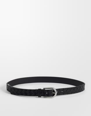 Asos Design Embossed Basket Weave Faux Leather Belt In Black