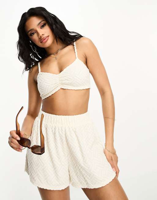 ASOS DESIGN embossed beach crop top in cream (part of a set)