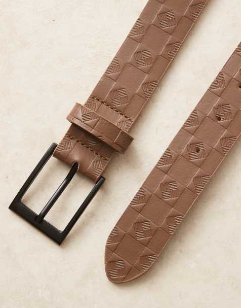 ASOS DESIGN embossed checkerboard belt in brown - view 1
