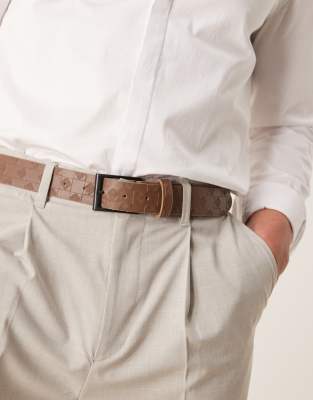 Asos Design Embossed Checkerboard Belt In Brown