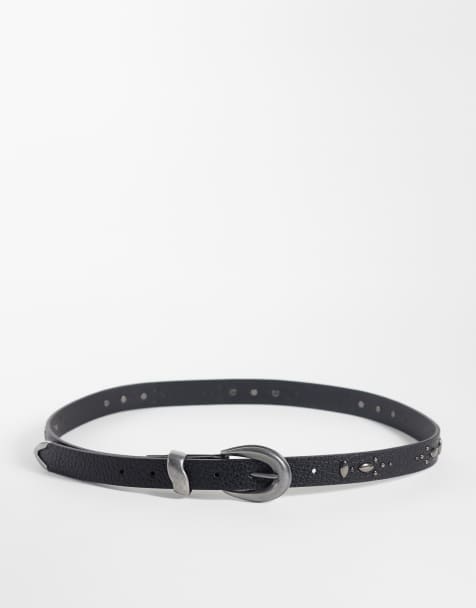 ASOS DESIGN embossed diamond pattern studded faux leather belt in black - view 1