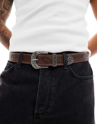 embossed leather belt with western buckle in brown