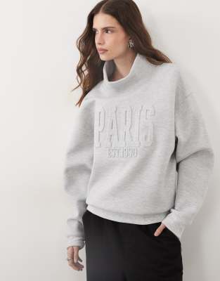 Asos Design Embossed 'paris' Funnel Neck Sweatshirt In Gray