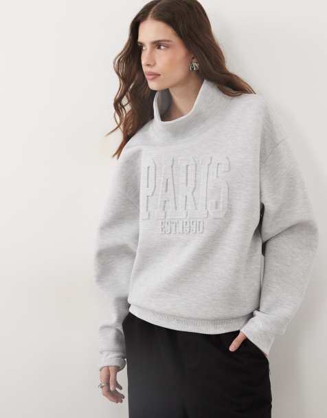 ASOS DESIGN embossed 'PARIS' funnel neck sweatshirt in gray - view 1