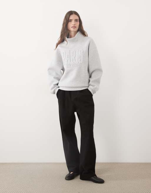 ASOS DESIGN embossed 'PARIS' funnel neck sweatshirt in gray, 3 of 4