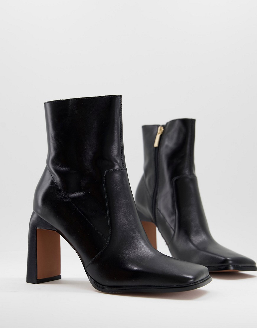 Asos Design Embrace Leather High-Heeled Square Toe Boots In Black