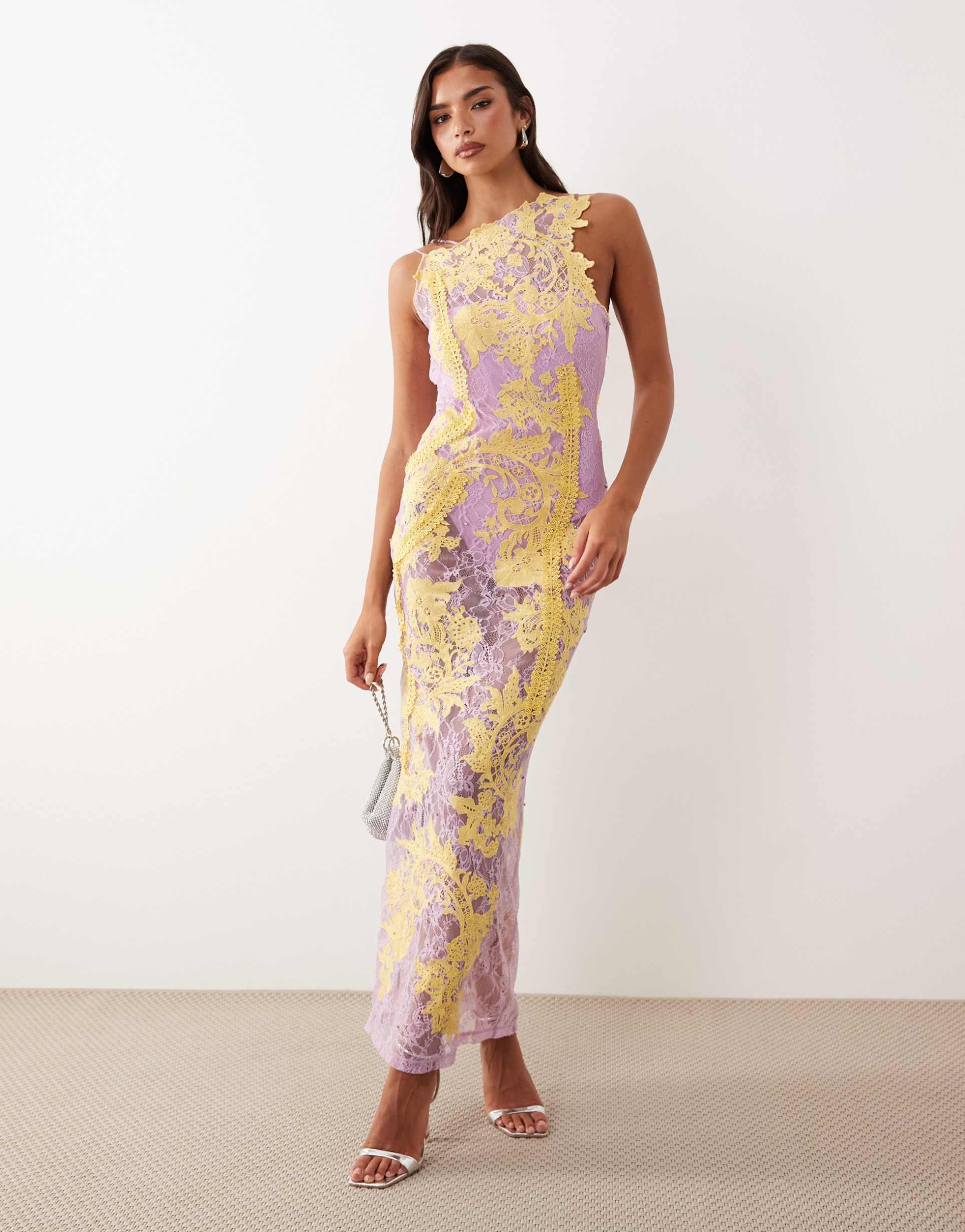 asos design embroidered and embellished lace dress with open back and cut outs in lilac