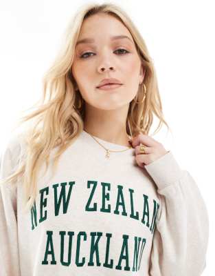 Asos Design Embroidered Auckland Graphic Sweat In Brown