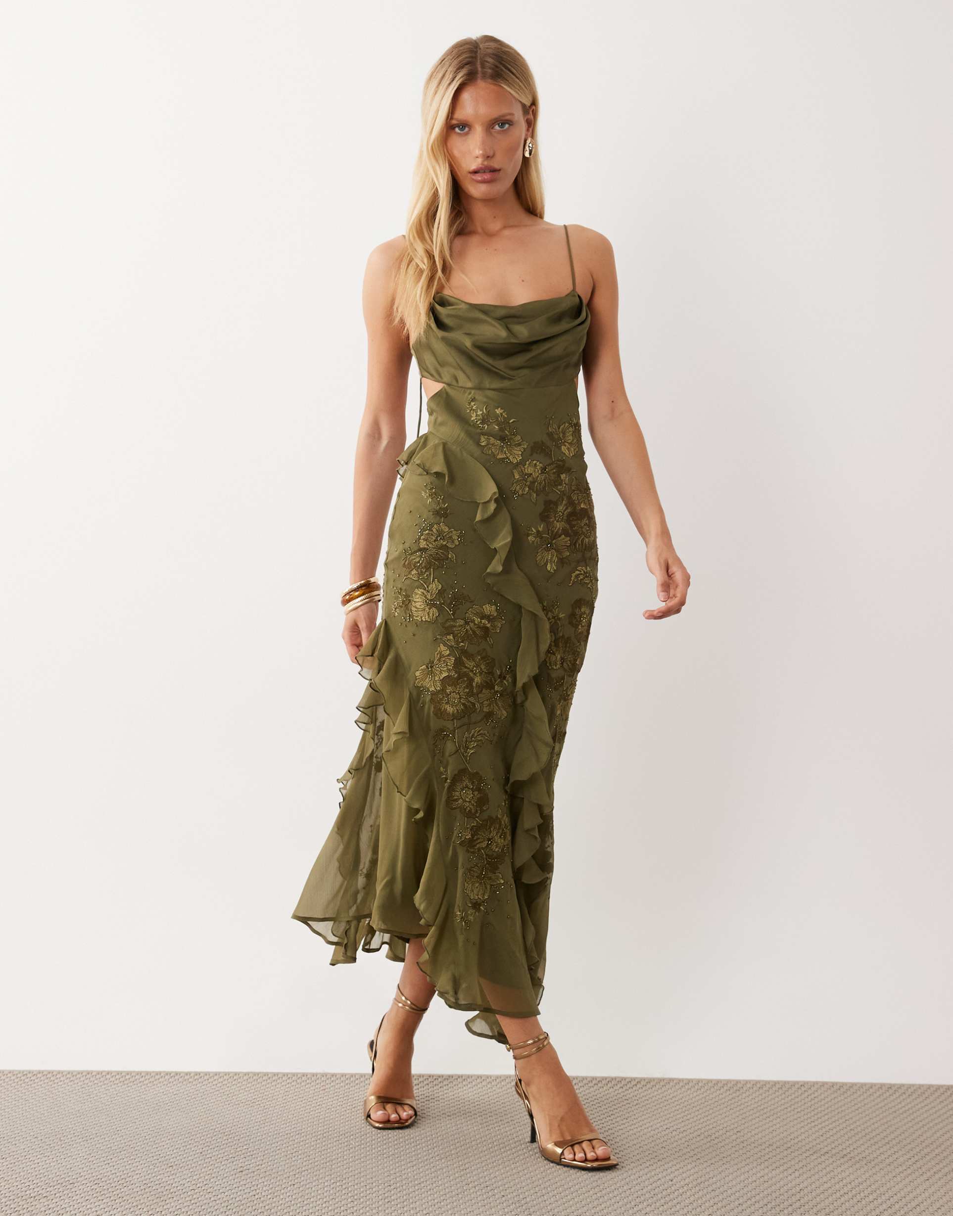 asos design embroidered & beaded cami maxi dress with asymmetric ruffles in khaki green