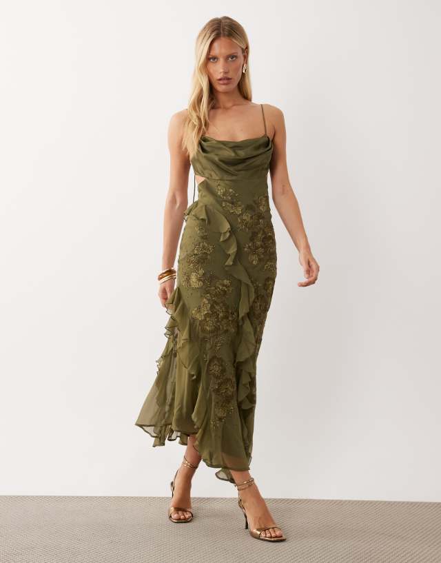 ASOS DESIGN embroidered & beaded cami maxi dress with asymmetric ruffles in khaki green