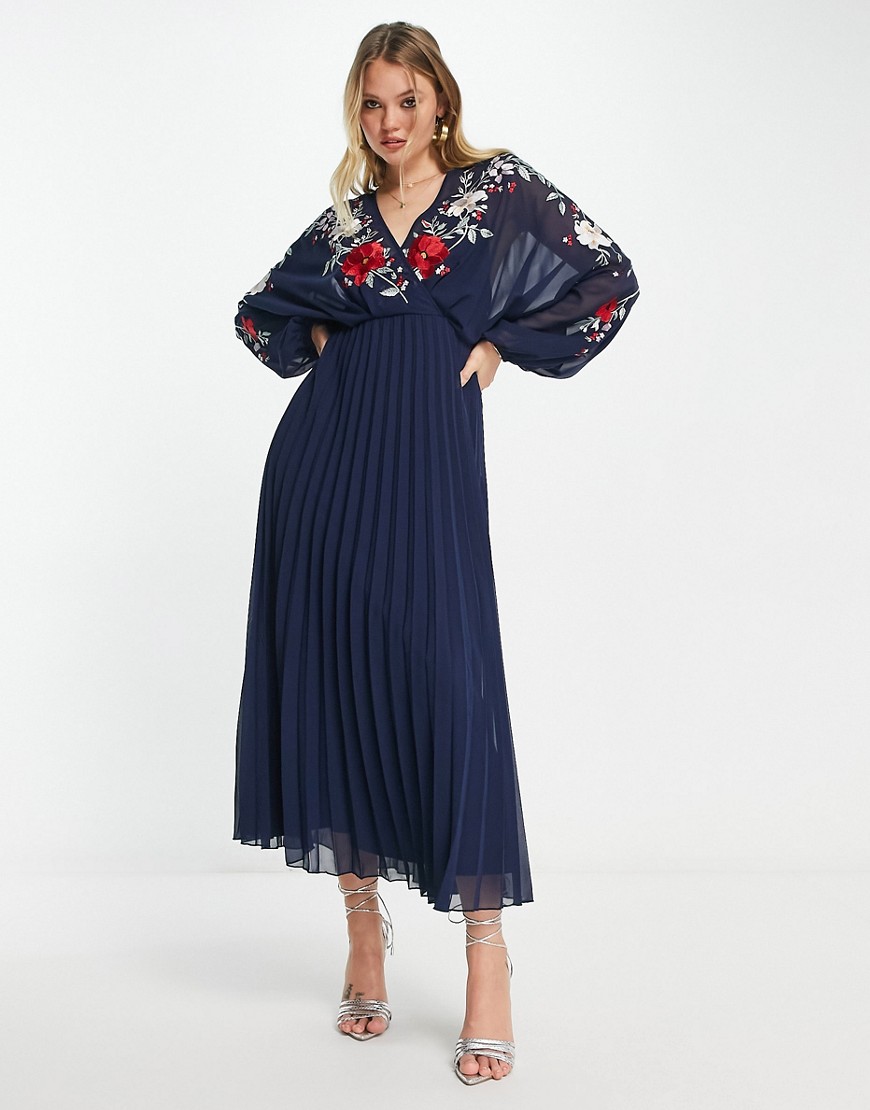 ASOS DESIGN embroidered blouson open back pleated midi dress in navy