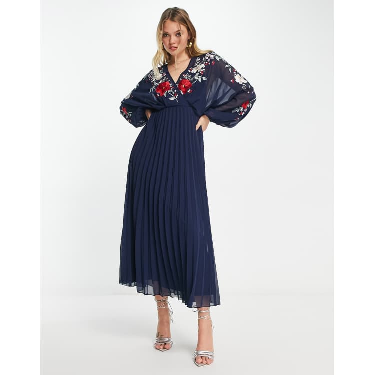 Asos design pleated store embroidered midi dress