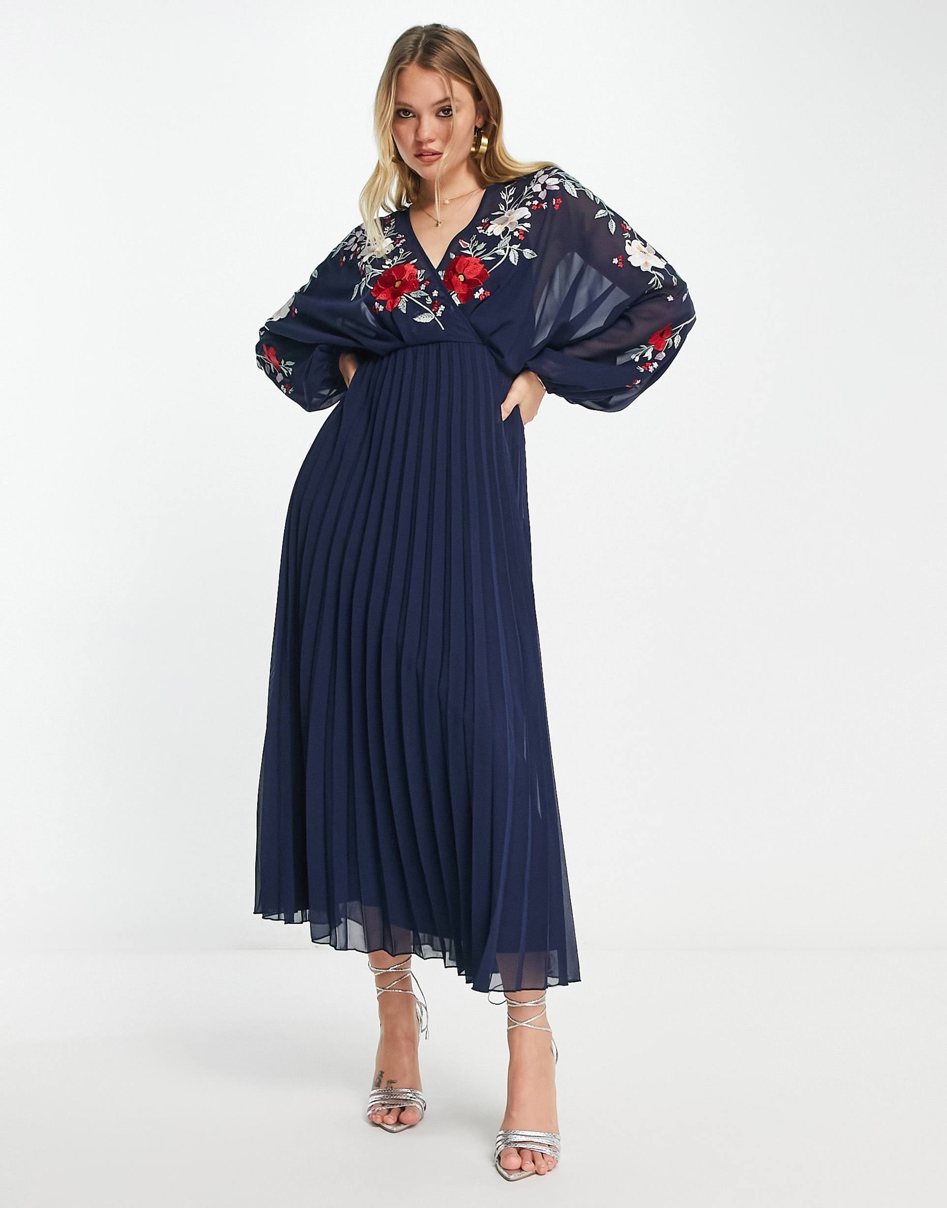 asos design embroidered blouson open back pleated midi dress in navy