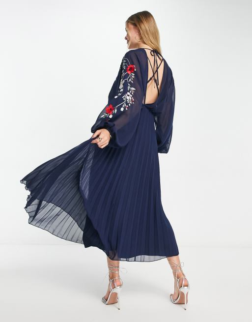 ASOS DESIGN embroidered blouson open back pleated midi dress in navy