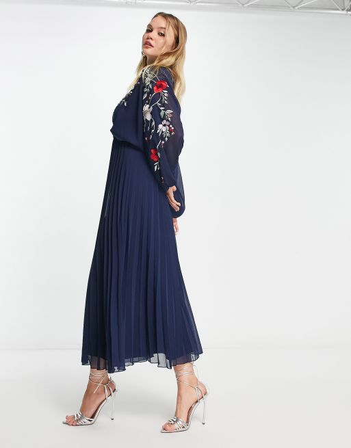 Asos navy pleated dress hotsell