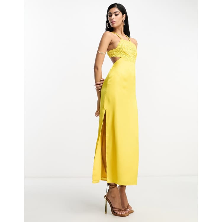 ASOS DESIGN embroidered bodice satin bias midi dress with open back in mustard