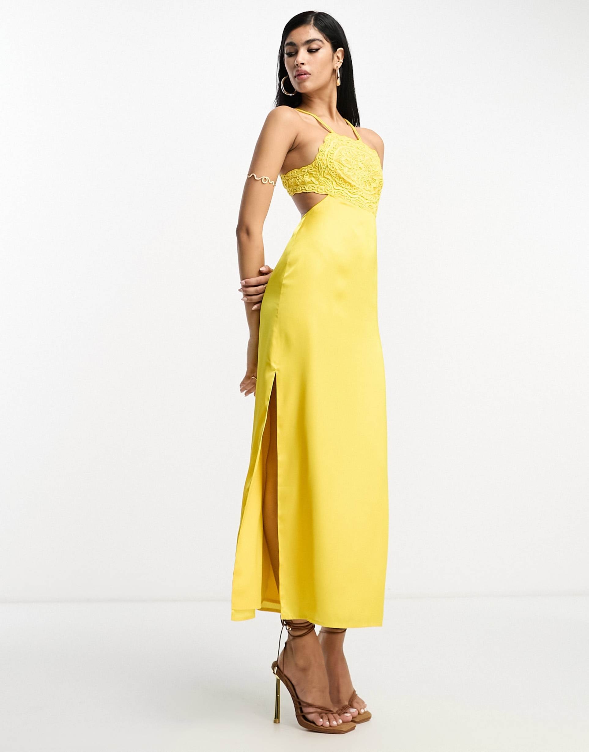 asos design embroidered bodice satin bias midi dress with open back in mustard