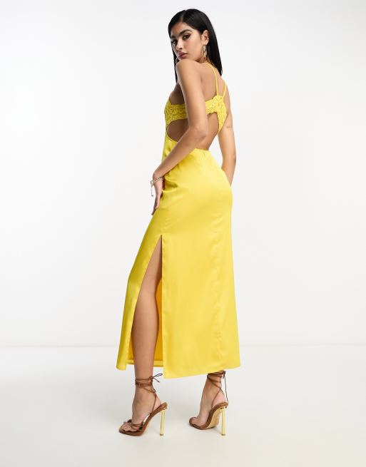 ASOS DESIGN embroidered bodice satin bias midi dress with open back in mustard