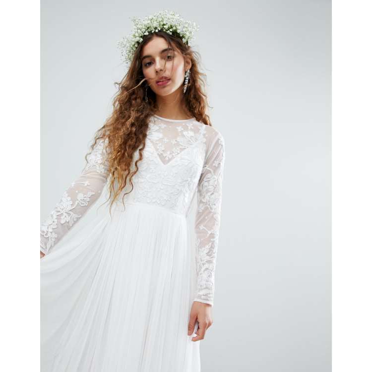 Asos edition long sleeve lace bodice deals maxi wedding dress with pleated skirt