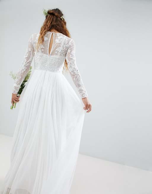 Asos edition long sleeve lace bodice store maxi wedding dress with pleated skirt