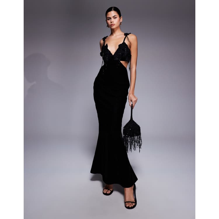 ASOS DESIGN embroidered bust cut out velvet maxi dress in black