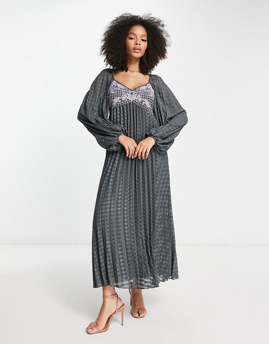 Asos Design Embroidered Bust Pleated Midi Dress With Long Sleeve In Dark Gray