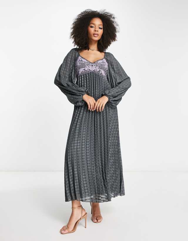 ASOS DESIGN embroidered bust pleated midi dress with long sleeve in dark gray