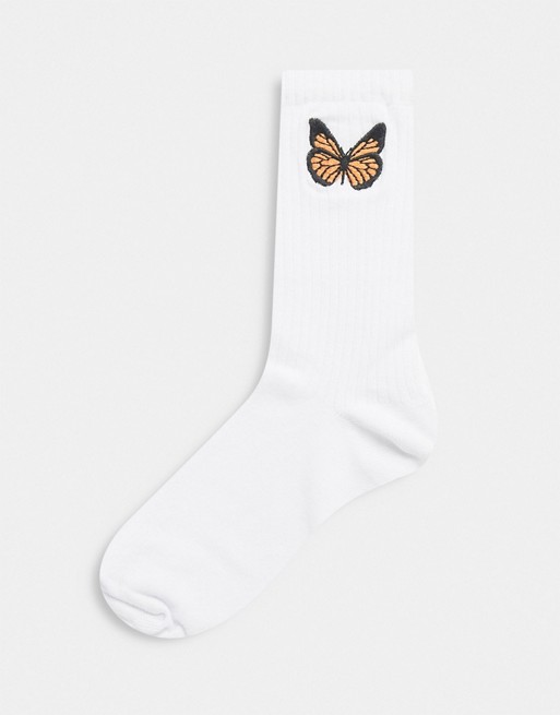 ASOS DESIGN embroidered butterfly calf length sock in white