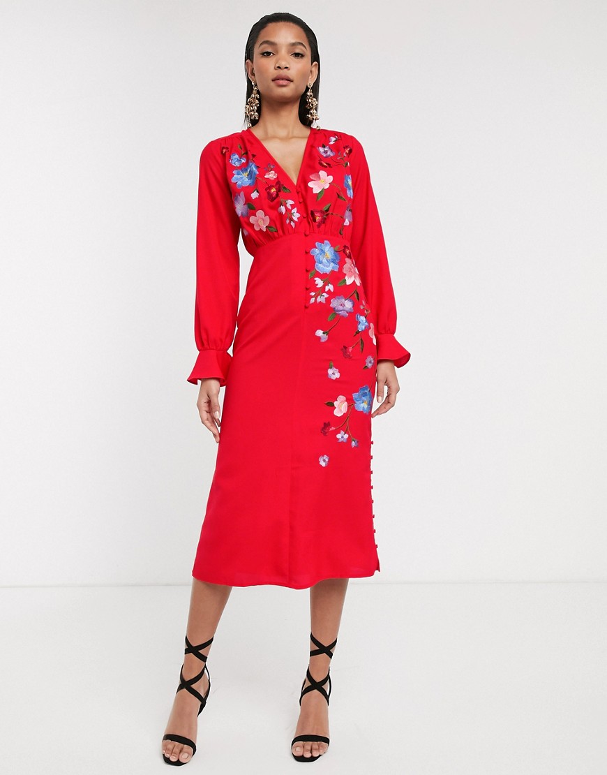 ASOS DESIGN embroidered button front midi tea dress with fluted sleeve in red