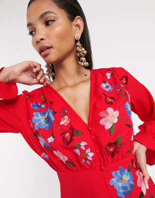 asos red embroidered dress