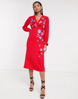 asos red embroidered dress