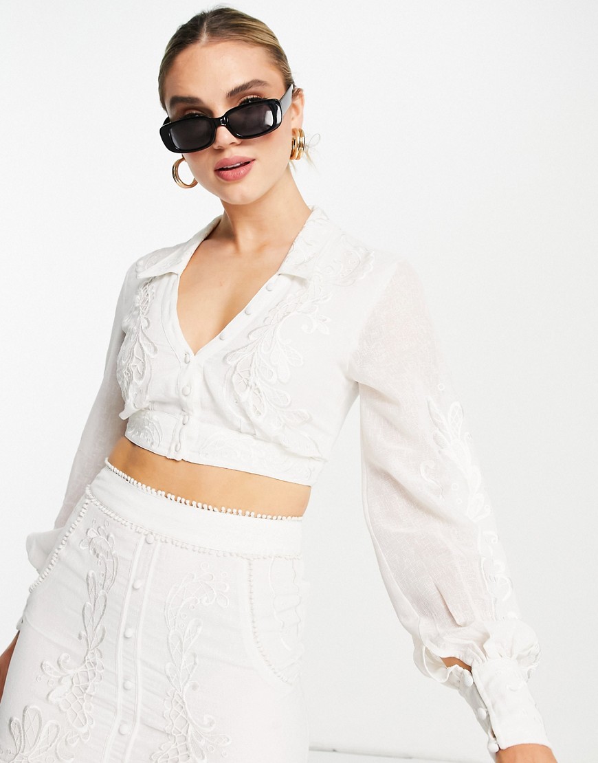 ASOS DESIGN embroidered button front top with collar detail - part of a set-White