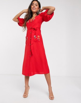 ASOS DESIGN embroidered button through midi tea dress with puff sleeves in rust