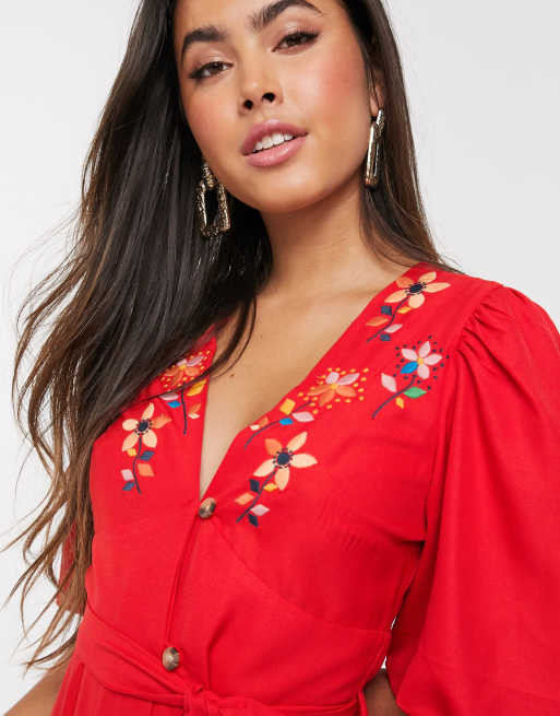 Asos red shop embroidered dress