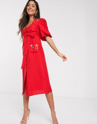 asos design embroidered midi button through tea dress