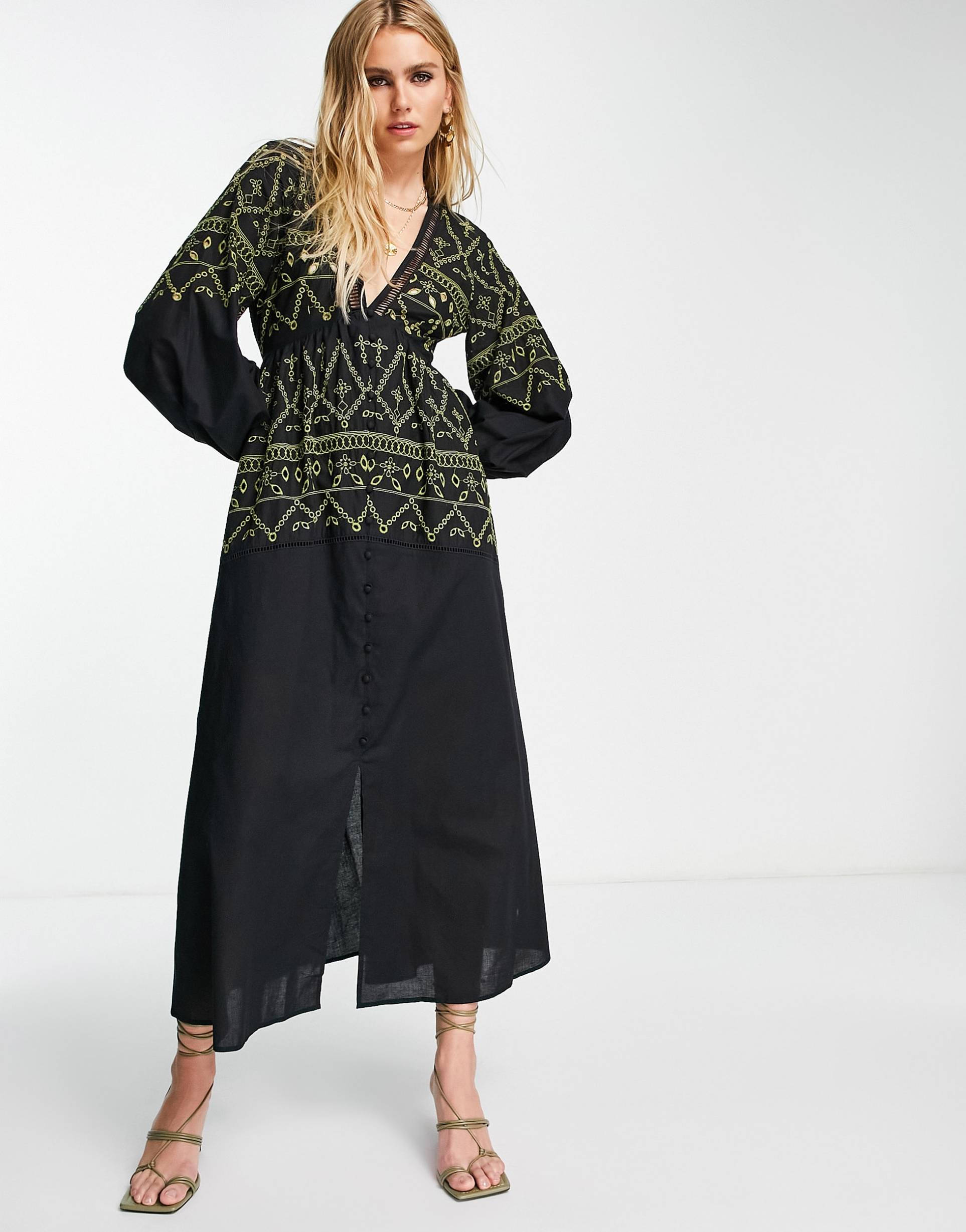 asos design embroidered button up midaxi dress in black