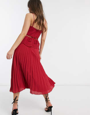 asos design broderie cami midi dress with pleated skirt