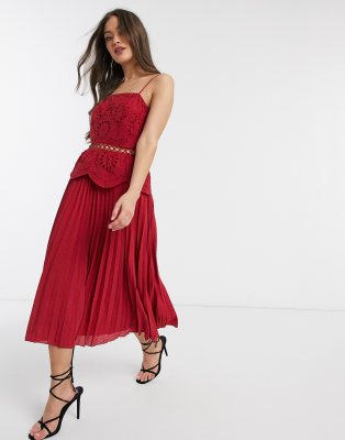 asos design broderie cami midi dress with pleated skirt