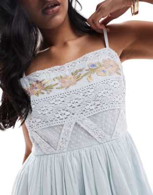 Asos Design Embroidered Cami Mini Dress With Lace Trim In Pink