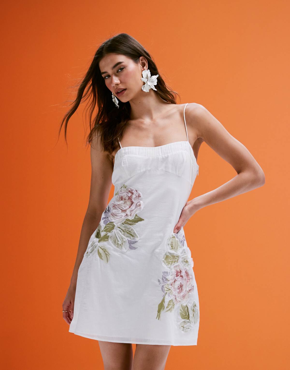 ASOS DESIGN embroidered cami mini dress with ruffle floral detail in white