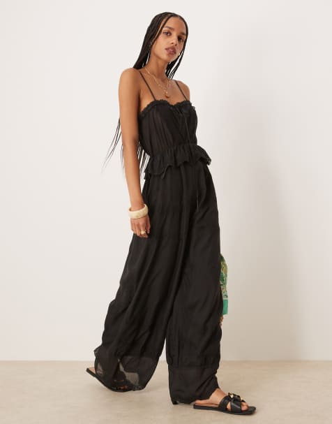 ASOS DESIGN embroidered cami ribbon detail in jumpsuit in black - view 1