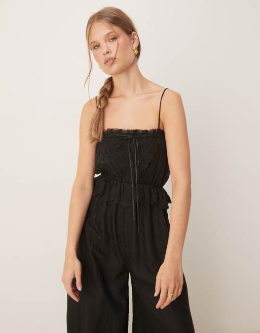 ASOS DESIGN embroidered cami ribbon detail in jumpsuit in black