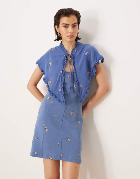 ASOS DESIGN embroidered cape detail mini dress in blue - view 1