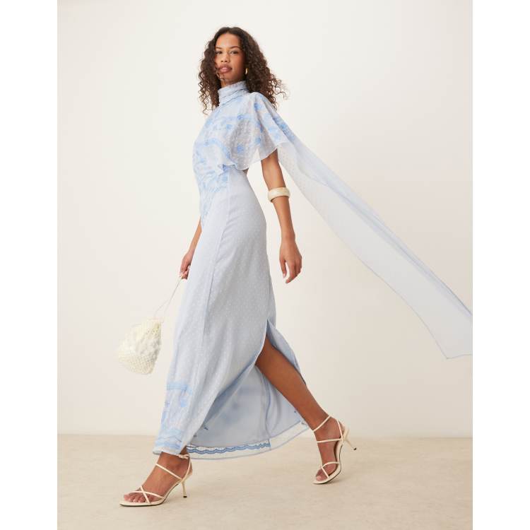 ASOS DESIGN embroidered cape train maxi dress in baby blue