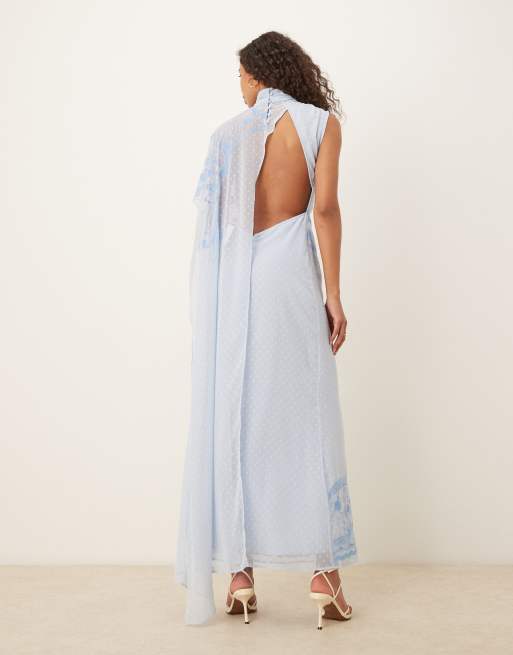 ASOS DESIGN embroidered cape train maxi dress in baby blue