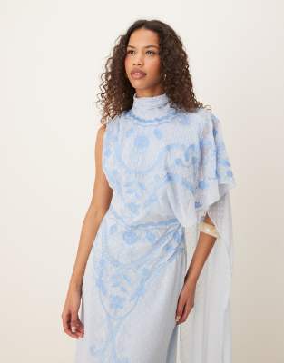 ASOS DESIGN embroidered cape train maxi dress in baby blue