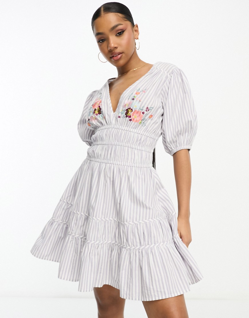 ASOS DESIGN embroidered channel detail mini tea dress with puff sleeve in stripe-Multi