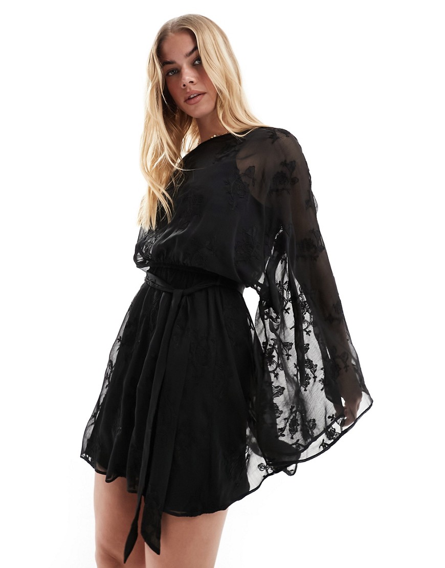 ASOS DESIGN embroidered chiffon mini dress with flared sleeves and self belt in black